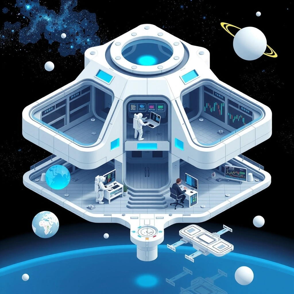 Space station trading hub with economic displays